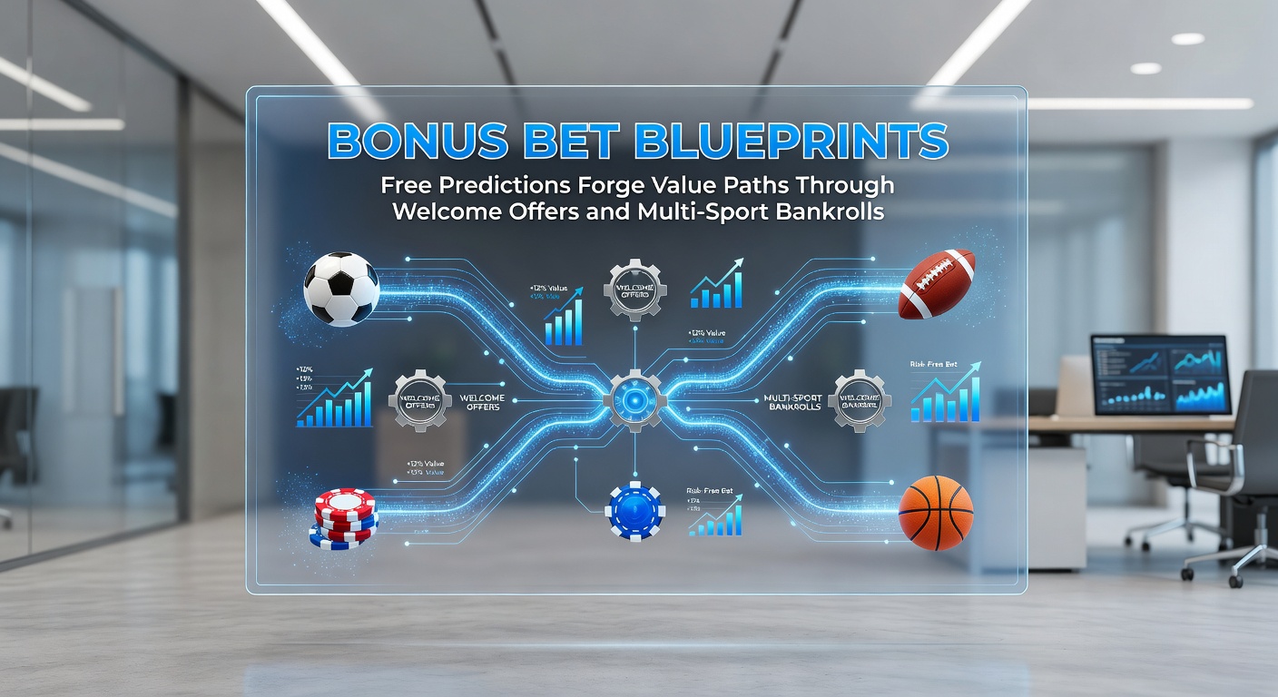 Illustration of a strategic betting blueprint overlaying sports icons like tennis rackets, basketballs, and racehorses with bonus bet icons and bankroll growth charts