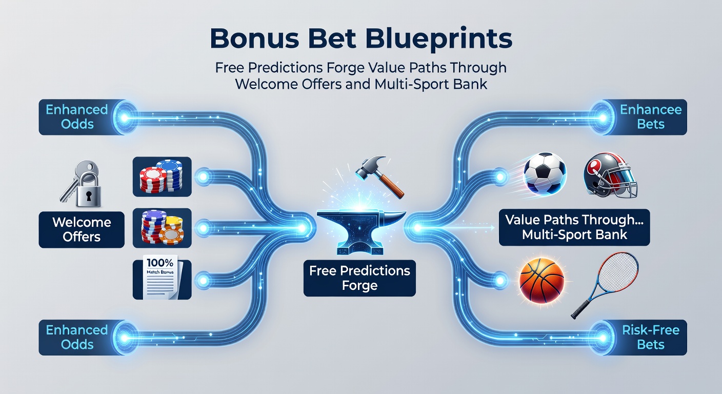 Dynamic chart showing bankroll growth curves for multi-sport betting strategies, with bonus bet icons exploding into value paths across tennis, basketball, and racing visuals