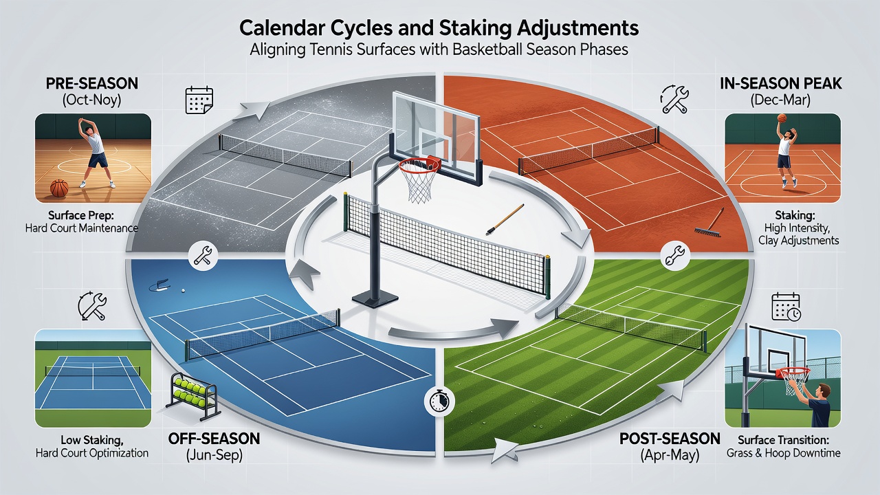 Basketball court with seasonal phase overlay chart next to tennis surface calendar