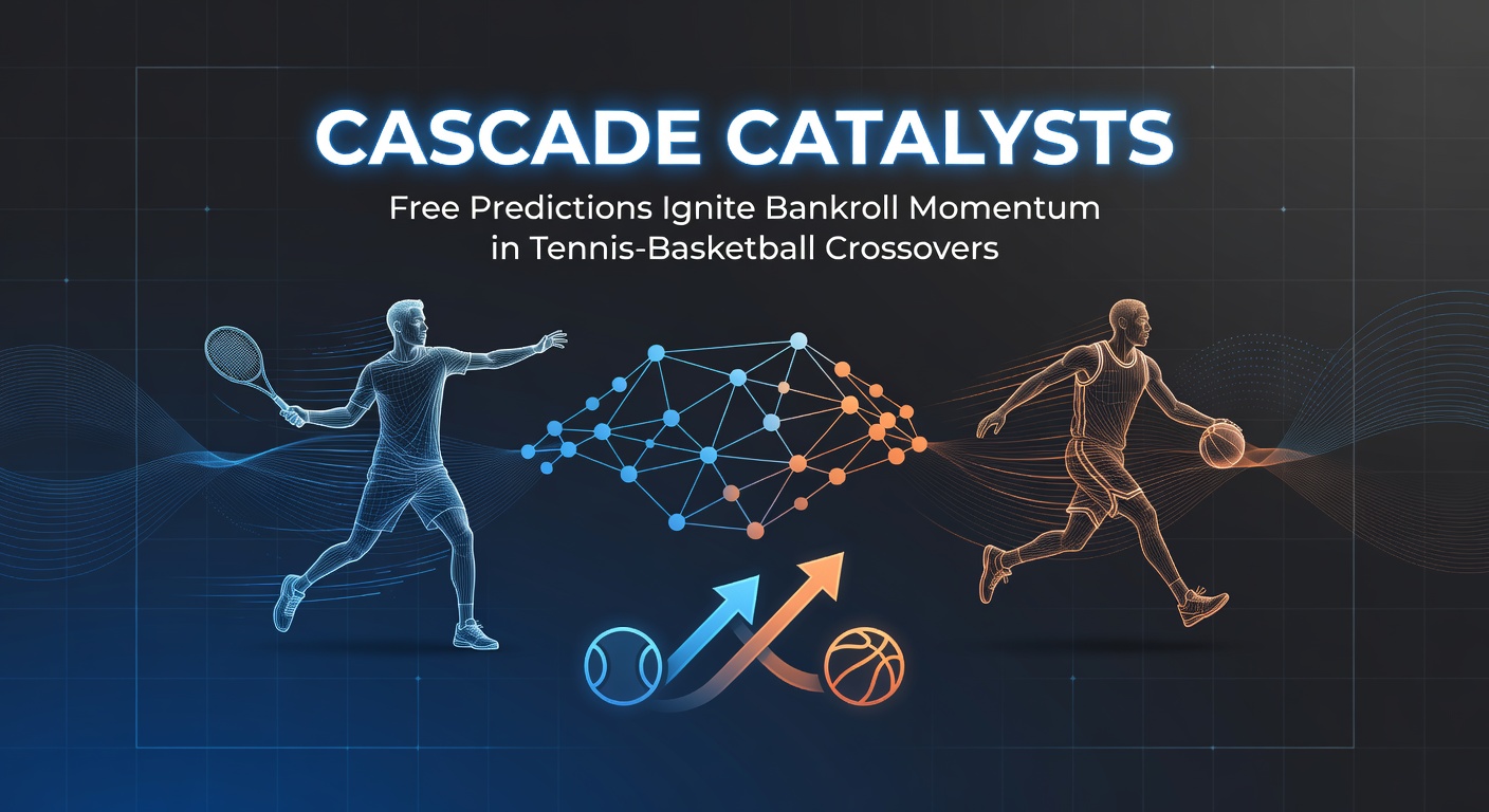 Graphic illustrating a chain reaction of tennis serves leading to basketball dunks, symbolizing cascading betting wins across sports