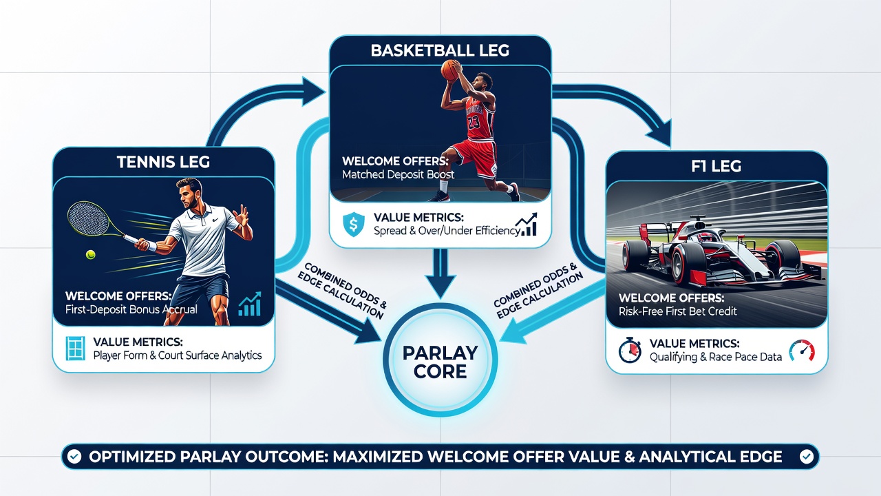Diagram showing layered value metrics applied to tennis basketball and football parlay legs alongside bonus allocation flow