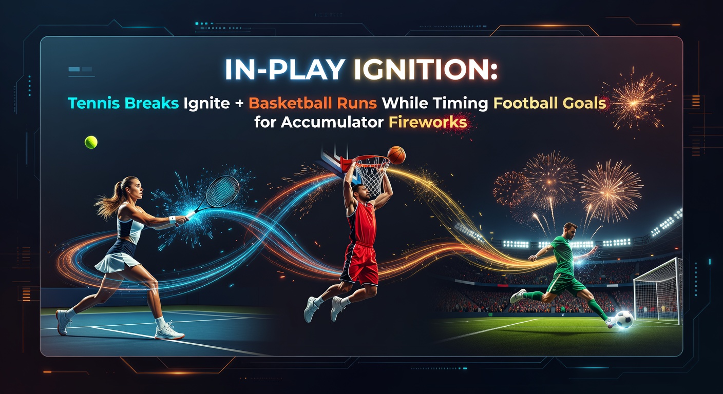Dynamic in-play betting action showing a tennis player celebrating a break point, overlaid with basketball streak highlights and a football goal celebration