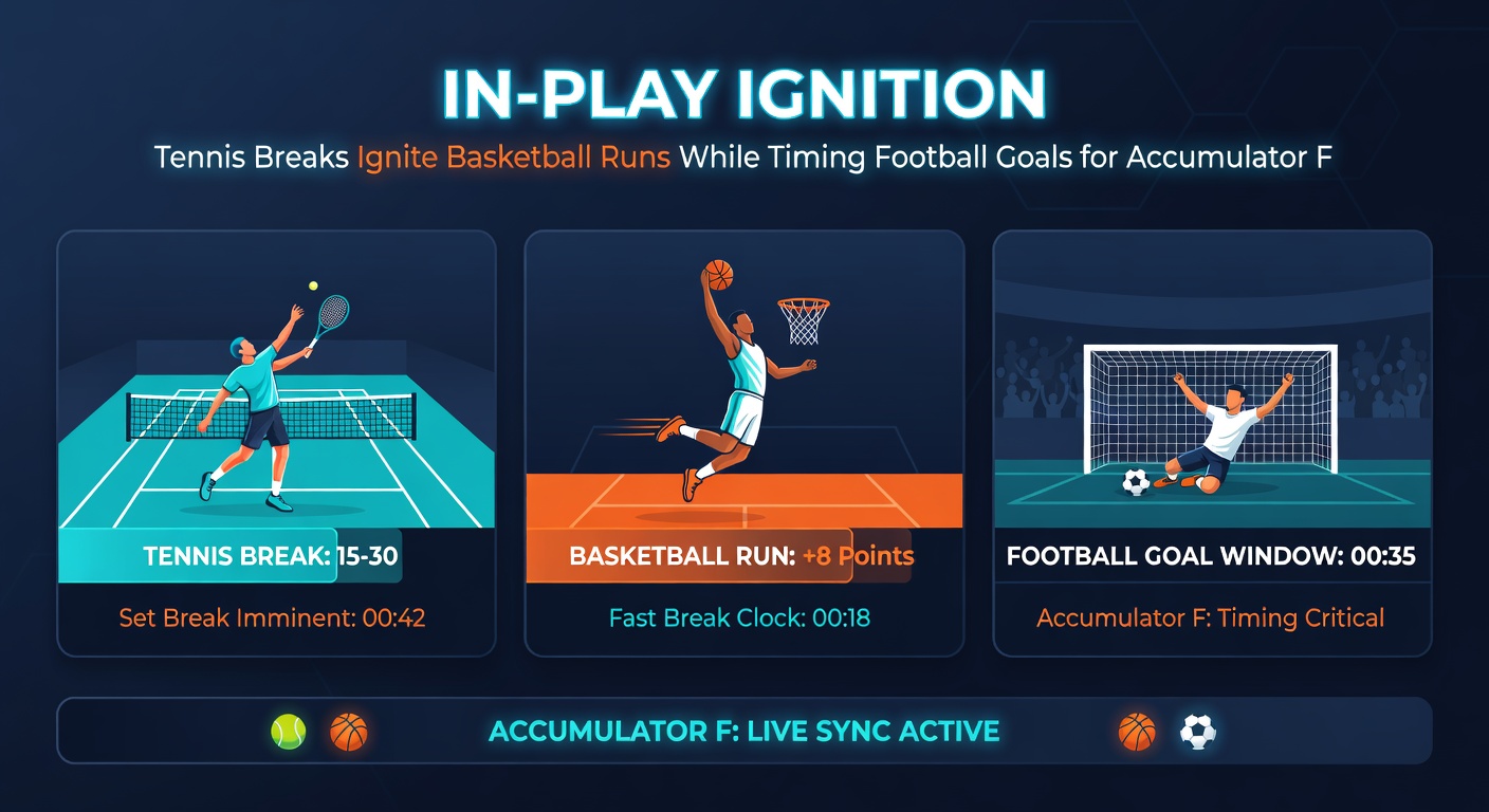 Collage of basketball players on a scoring run, transitioning to a football net rippling from a goal, with tennis break moment in the background