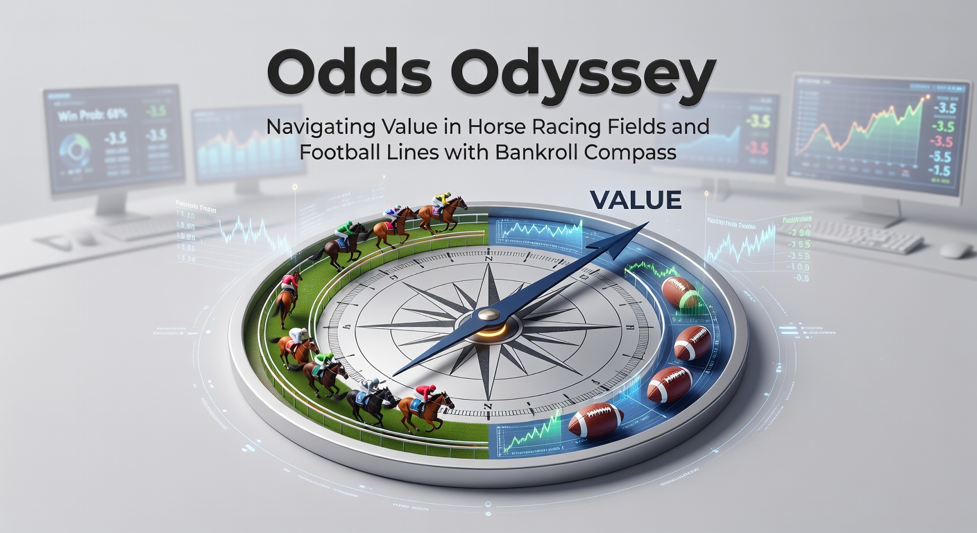 Horse racing field with jockeys navigating a turn under sunny skies, alongside a digital display of football betting lines showing value odds