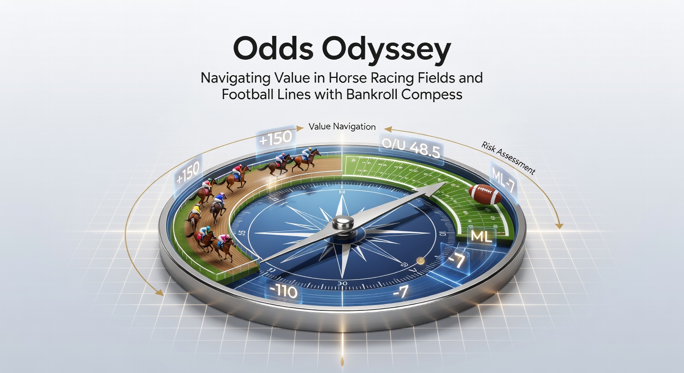 Football pitch action with players contesting a ball, overlaid with betting lines and bankroll management charts illustrating stake sizing
