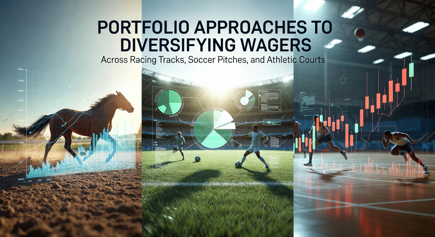 Illustration of diversified betting portfolio allocation across horse racing tracks, soccer pitches, and athletic courts