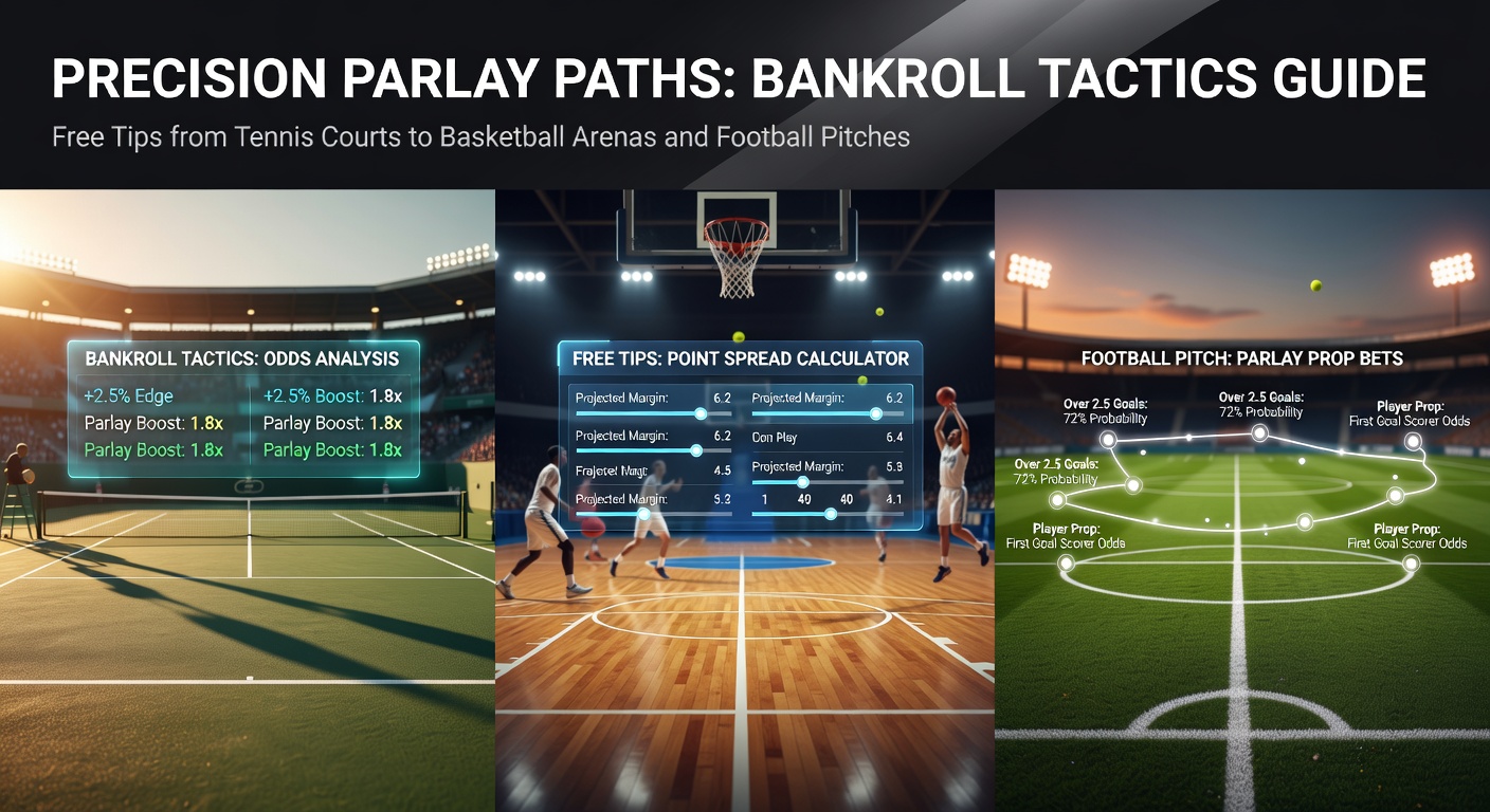 Tennis player serving on clay court with overlaid basketball hoop and football pitch graphics symbolizing multi-sport parlay connections