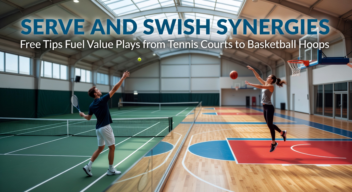 Dynamic action shot capturing a tennis serve transitioning to a basketball swish, symbolizing betting synergies between the sports