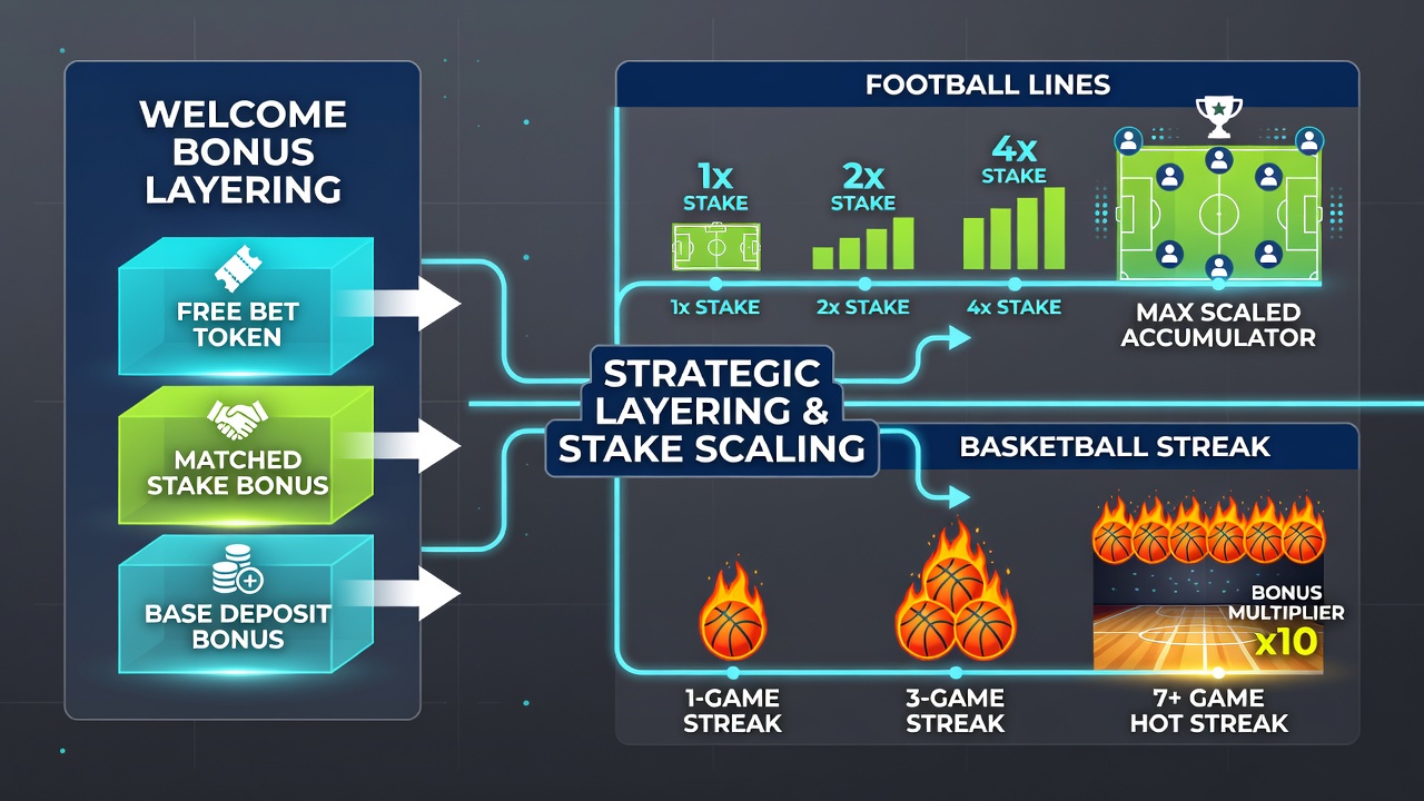 Chart displaying stake progression examples across football goal lines and basketball streak bets