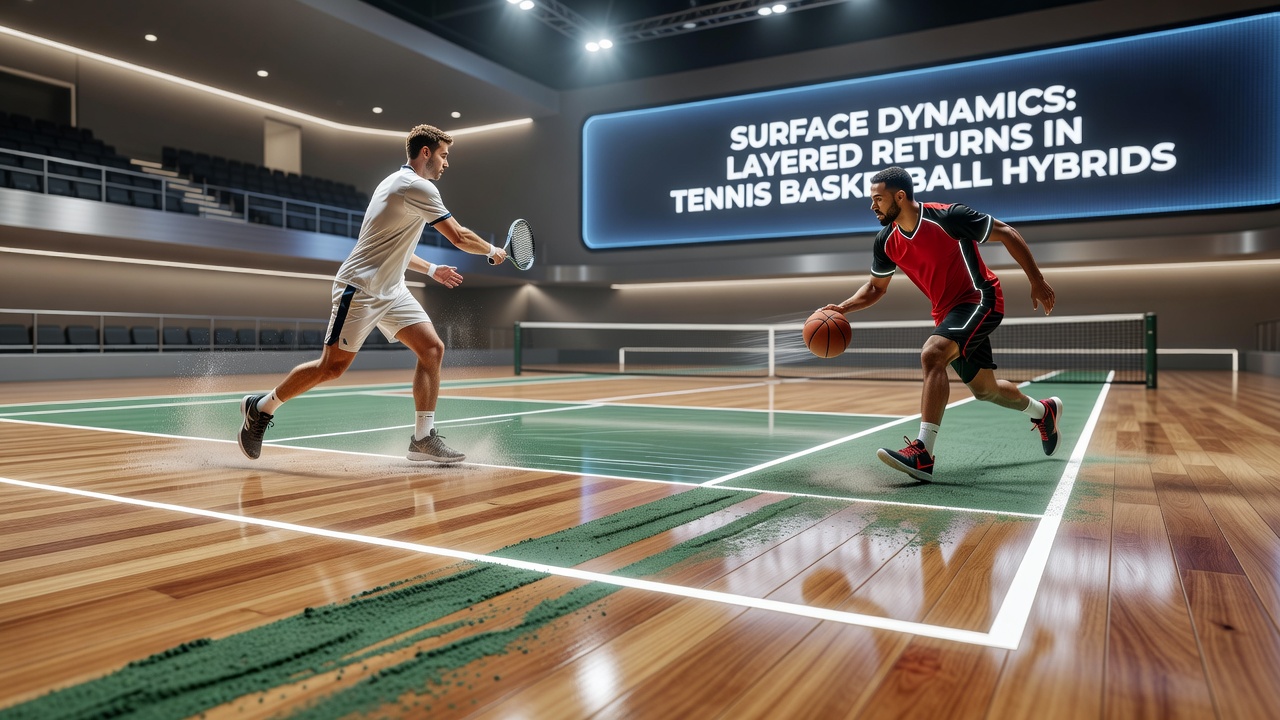 Side-by-side comparison of tennis and basketball court surfaces with performance metrics overlaid