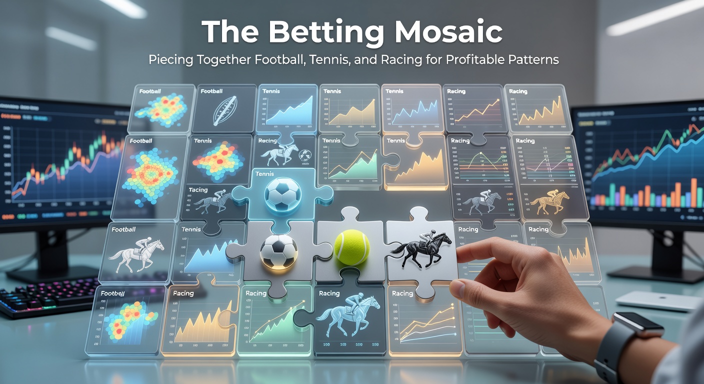 A dynamic collage showing soccer players in action, tennis rallies on clay courts, and horses thundering down a racetrack, symbolizing interconnected betting patterns
