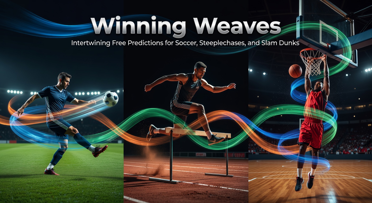 A dynamic collage showing soccer players mid-kick, horses leaping over steeplechase hurdles, and basketball players slamming dunks, symbolizing intertwined sports predictions